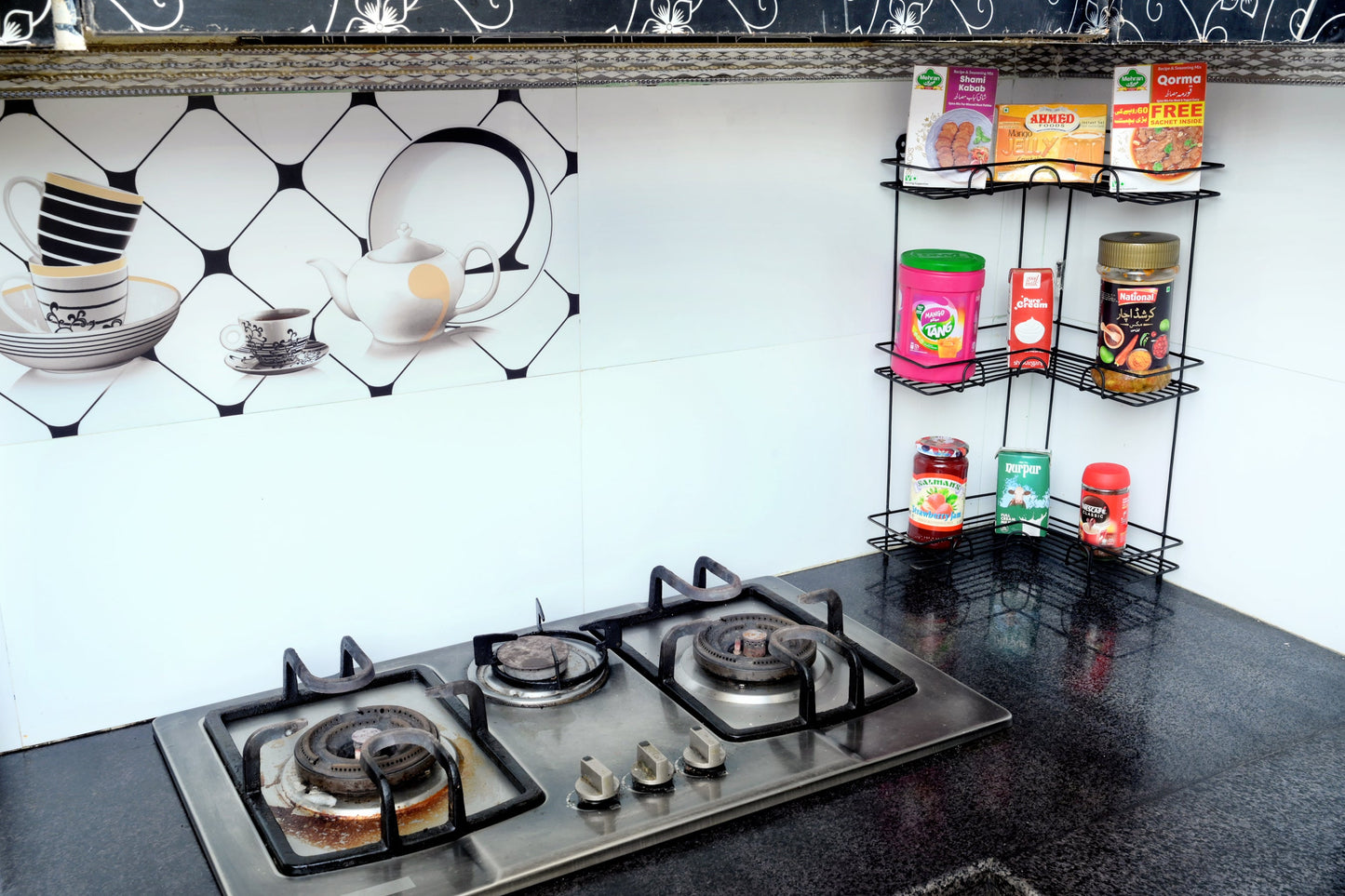 Wall-mounted and counter-shelf multi-purpose corner 3-tier rack