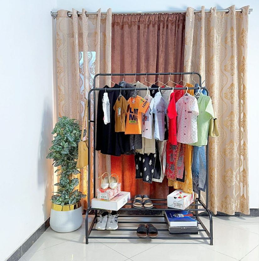 Dual Pole Metal Clothes Stand by Bright House With Dual Shoe Tiers