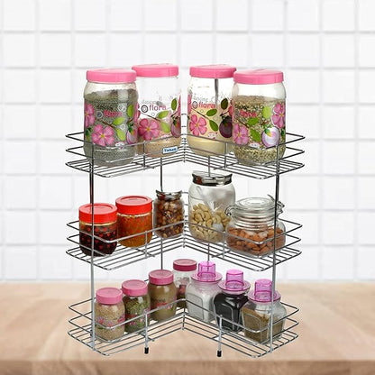 Wall-mounted and counter-shelf multi-purpose corner 3-tier rack