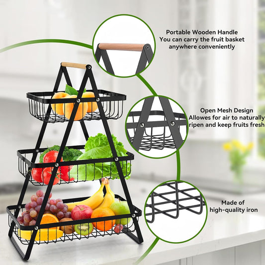 wooden handle counter top 3-tier fruit and vegetable stand